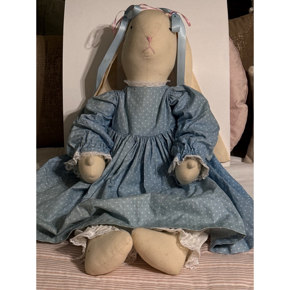 Vintage Primitive Cloth Bunny Rag Doll Blue Polka Dot Dress Lace Bloomers 26in